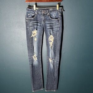 Vintage Y2K Trendy Distressed Skinny Jeans in Dark